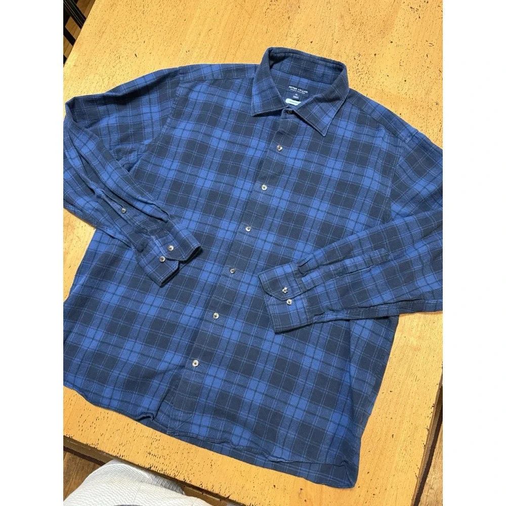 Peter Millar Crown Crafted Mens Japanese Flannel Plaid Button Shirt Size XL Blue